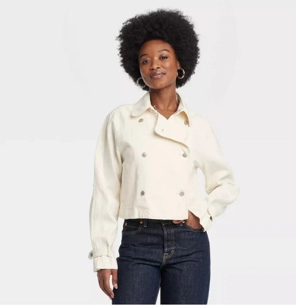 NWT Women's Denim Cropped Trench Jacket - Universal Thread Off-White Cream SZ M